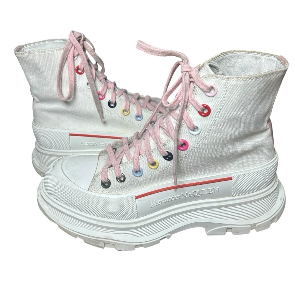 Alexander McQueen white canvas tread slick rainbow  platform boots size 40 us 10